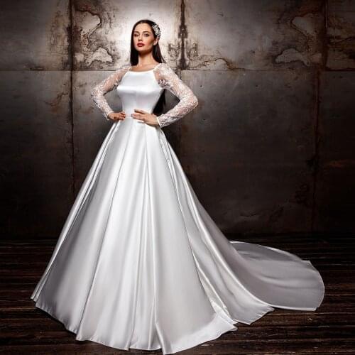 Vestido De Noiva Long Sleeve A-Line Wedding Dress Satin Pearls Appliques Robe De Mariage Cut-Out Back Simple Abito Da Sposa