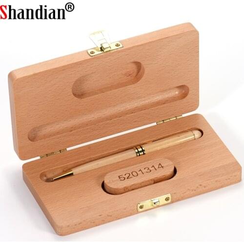 SHANDIAN New USB flash drive Beech Business gift box Pen drive Ballpoint pen Memory stick 128GB 64GB Pendrive Custom logo U disk