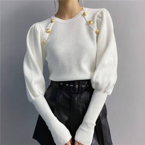 Vintage Solid Color Lantern Sleeve O-neck Sweater Slim Solid Color Button Knitwear Pullover Sweaters for Women