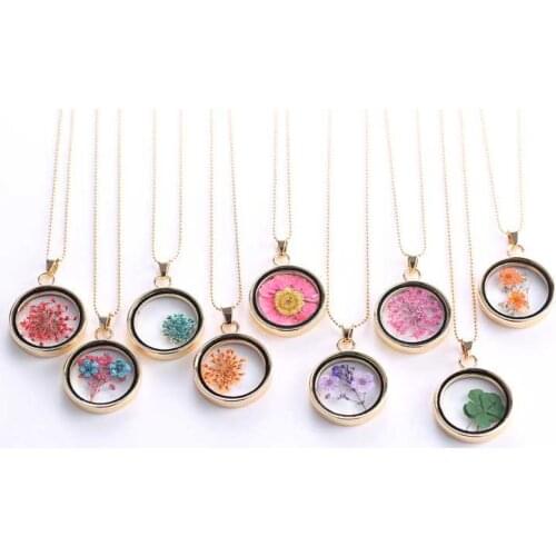 Top Quality 1 Pcs Gold Color Dried Flowers Plant Specimen Round Glass Charms Pendants Necklace Floating Living Locket