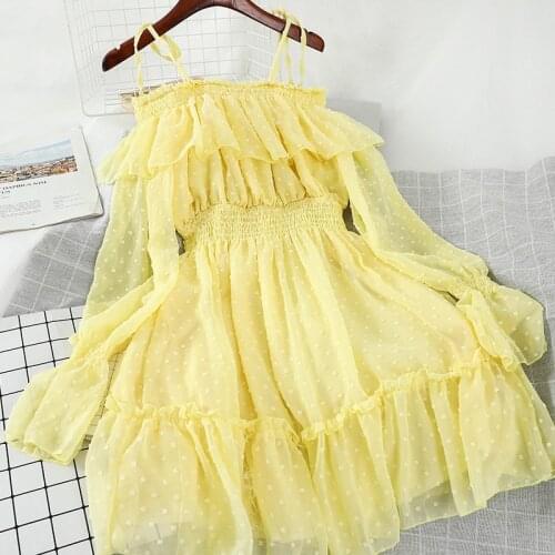 WEIHAOBANG Yellow Ruffle Dress Women Off Shoulder Dress Chiffon Polka Dot Slip Dresses Woman Party Night Sundress Sexy Dresses