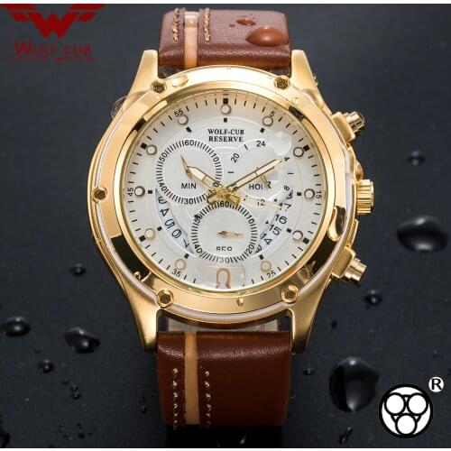 WOLF-CUB Sport Casual Big Dial Chronograph Running Seconds Mens Gold Watch Gentleman Original 6-Pin Multifunction Waterp