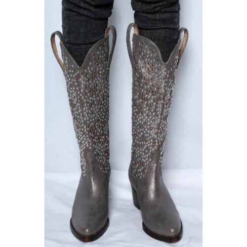 Western String Bead Short Mid-Calf Cool Cowboy Boots For Woman Glitter Chunky High Heel Leather Botas Mujer Punk Chelsea Shoes