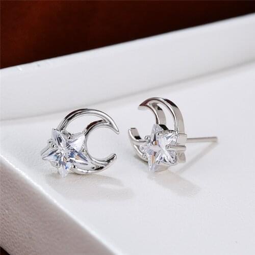 Female Luxury White Crystal Earrings Dainty Moon Star Stone Stud Earrings Boho Rose Gold Silver Color Wedding Earrings For Women