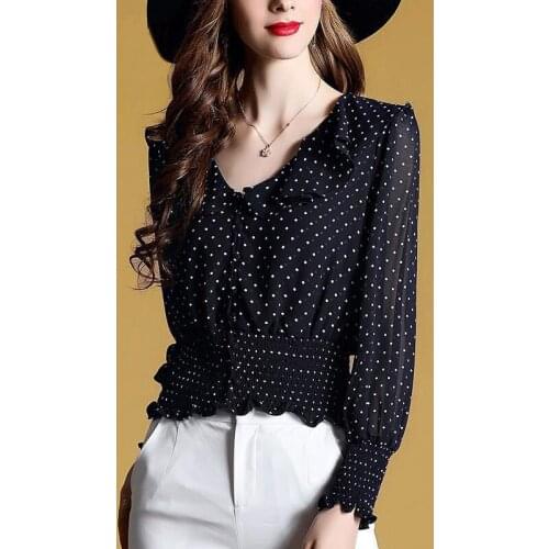 Womens Spring Autumn Style Blouses Shirts Womens V-neck Ruffles Polka Dot Long Sleeve Korean Elegant Tops SP673