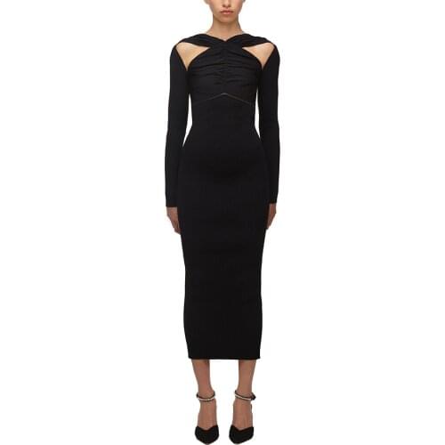 Ailigou 2021 New Summer Long Sleeve Black Celebrity Runway Dress Feminine Hollow Long Section Fashion Club Celebrity Dress