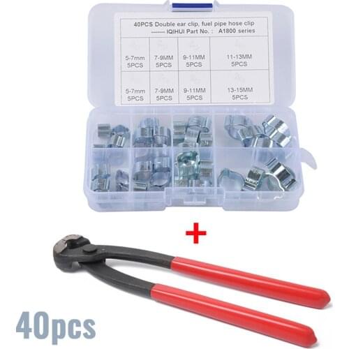 40PCS 5-15MM Double Ear Hose Clip Water Fuel Air Clamps Zinc Plated Assortment Box With Clamp Pliers