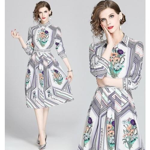 England Style Korean Dress Design Print Long Sleeve Midi Button Shirt Dress Elegant Fashion Ruched Office Party Tunic Slim Dress
