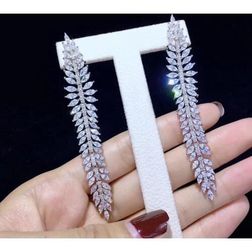 Long earring 925 sterling silver with cubic zircon leaf drop earring olive branch fine women jewelry for party free shipping