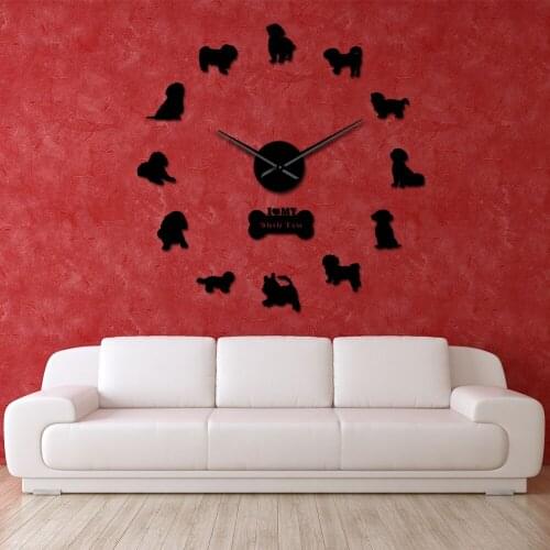 Dog Pet Home DECOR Chinese Lion Dog DIY Wall Art Stickers Shih Tzu Frameless Big Wall Clock Chrysanthemum Dog Clock Wall Watch