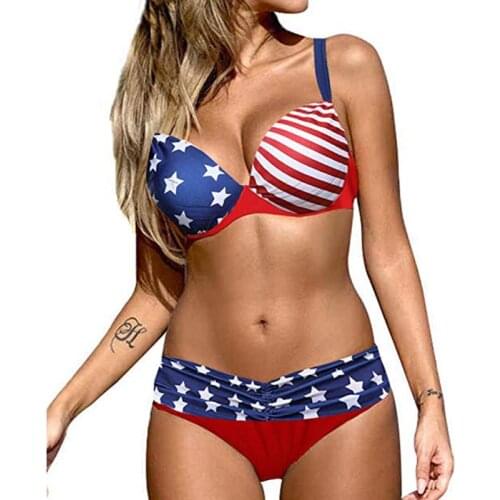 USA Flag Bikinis Plus Size Swimwear Women Sexy Halter String Stripe Bordered Bathing Suit Push Up Swimsuit Sexy Bikini Set