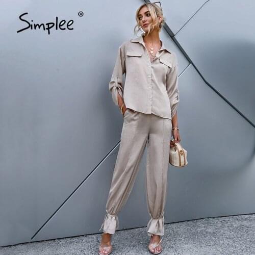 Simplee Long sleeves lace up overall suits Causal ankle banded pants suit woman Pure color streetwear spring summer sets