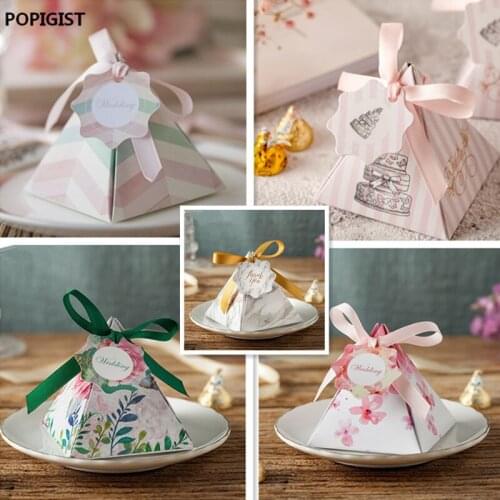New Creative style leaves / Pink Floral Triangular Pyramid Wedding Favors Candy Boxes Bomboniera Party Gift Box 100PCS