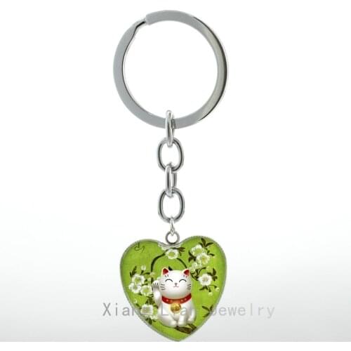 Cute Green Maneki Neko Welcoming Cat Pendant key chain ring Lucky Cat Jewelry Japan Japanese Beckoning Cat Talisman keychain H88