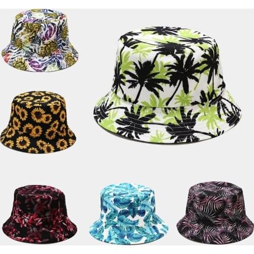 Unisex Summer Tropical Leaves Print Bucket Hat Outdoor Wide Brim Sunscreen Hip Hop Foldable Cotton Panama Fisherman Cap