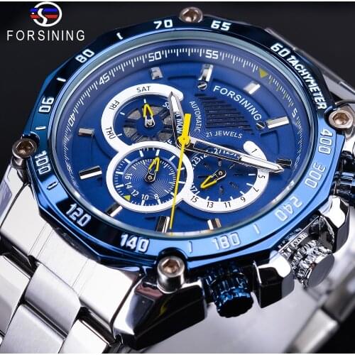 Forsining Fashion Blue Design Complete Calendar Three Small Dial Silver Stainless Steel Automatic Mechanical Watches for Men