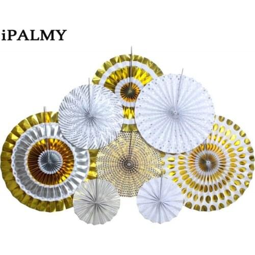 Set of 8pcs Metallic Gold/Silver Foil Party Paper Fans Rosettes Wedding Baby Shower Classroom Photo Backdrop Pinwheel Decoration