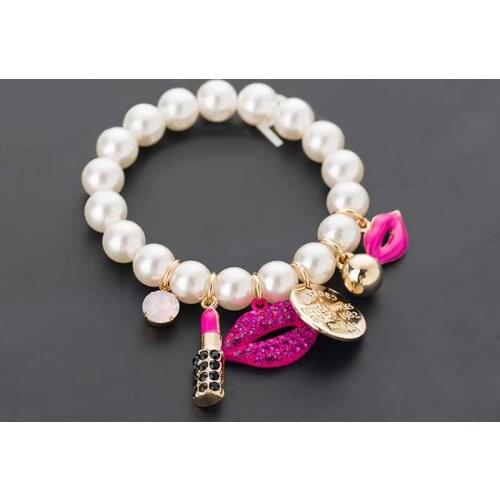 New Chain Pearls Bracelets Rhinestone Red Lips Lipstick Pearl jewelry Pulseiras Bracelet Ladies Accessories