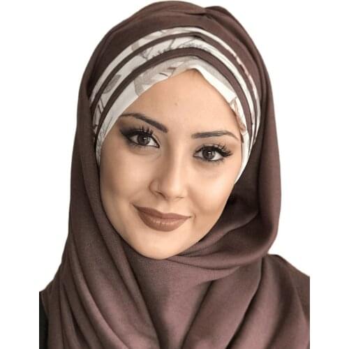 New Fashion Hijab 2021 Women Muslim Hijab Islamic Turban Hat Dark Brown Cotton Leaf Pattern Chiffon Stripe Ready Shawl