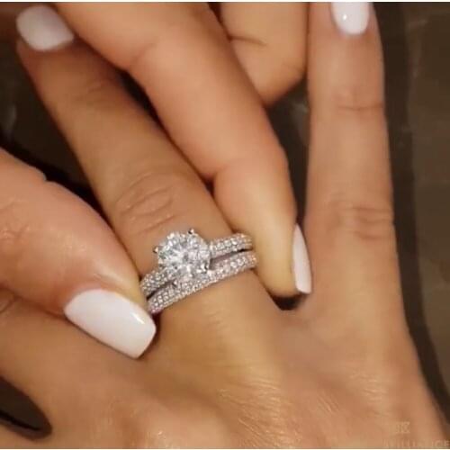 Luxury Female 1ct Created Diamond Bridal Ring Set 2-in-1 925 Silver Wedding Jewelry Promise Love Engagement Rings For Women