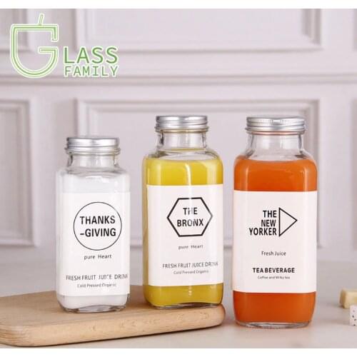 GF Glass Beverage Bottles Drinking Bottles with Leakproof Aluminum Lid Reusable Juice Bottle Beverage jug Glasses Drinkware