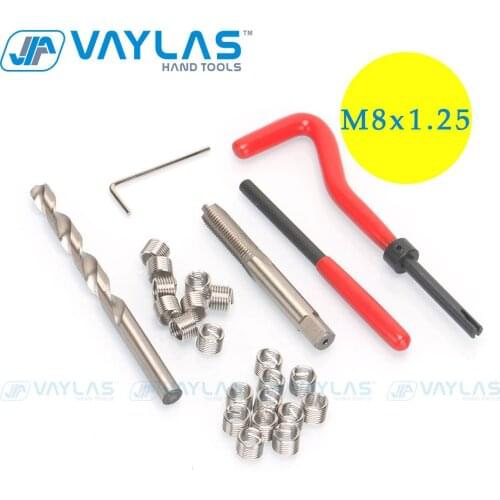 VAYLAS 25pcs M8x1.25mm Thread Repair Tool Set Stainless Steel Wire Helical Coil Combination Garage Tools Kit