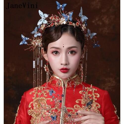 JaneVini Vintage Chinese Bridal Headwear Beaded Ancient Blue Butterfly Hairpins with Earrings Wedding Jewelry Hair Accessories