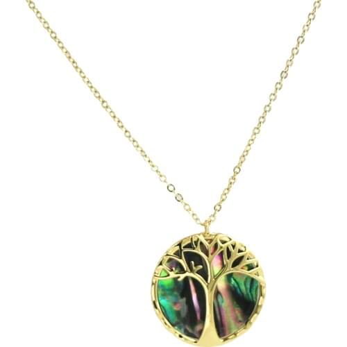 Mothers Jewelry Wholesale Round Natural Abalone Shell Tree of Life Gold Pendant Necklace for Women