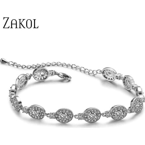 ZAKOL White Rose Gold Color Oval Shape Cubic Zirconia Crystal Women Bracelet Fashion Wedding Party Bracelets Jewelry FSBP2115