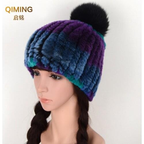 Women Fur pom pom Hat Winter Hats for Women Natural Rex Rabbit Cap Russian Female Fur Headgear New Warm Beanies Caps Ear Warm