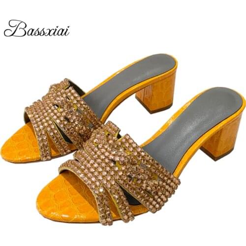 Stone Grain Genuine Leather Runway Mules Lady Med Thick Heel Open Toe Slingbacks Crystal Rhinestone Sandals Women Summer