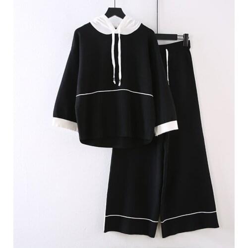 Sweater Set Women tracksuit Spring Autumn Knitted Suits 2 Piece Sets Sweater Pullovers With Hoodie Wide Legs Pants