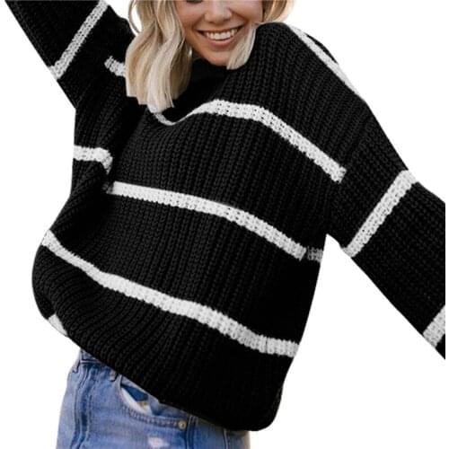 Autumn Winter Women Casual Round Neck Sweaters Long Sleeve Striped Print Loose Cable Knit Tops Fashion Warm Knitting Pullover