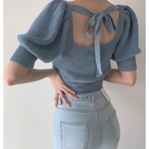Square Collar Puff Short Sleeve Sweater Knitted Pullover Women Crop Fall 2020 Cute Kawaii White Blue Korean Style c.h.i.c Jumper