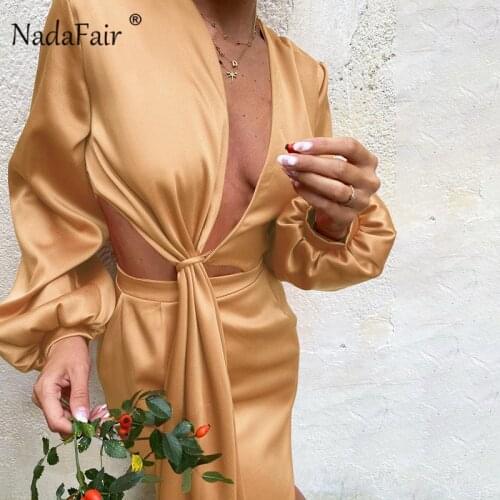 Nadafair Lantern Long Sleeve Satin Mini Dress Women Low V Neck 2021 Waist Cut Out Bandage Sexy Dress Party High Waist Silk Dress