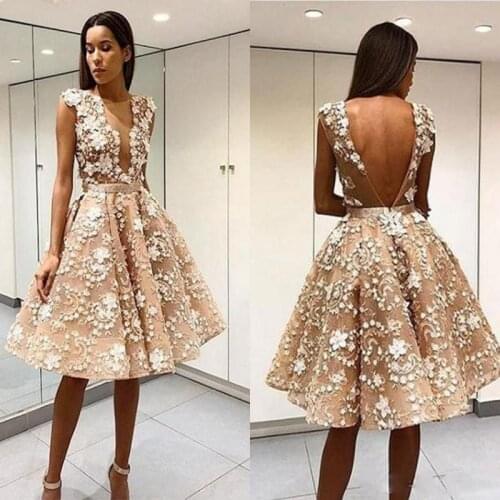 Elegant Robe De Soiree Champagne Short Prom Dresses Sexy Open Back Lace Appliqued Knee-Length Tulle Cocktail Party Dress