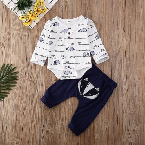 0-18M Newborn Baby Boy Girl Kids Clothes Fox Print Tops Romper + Pants Trousers 2PCS Autumn Baby Clothes Set