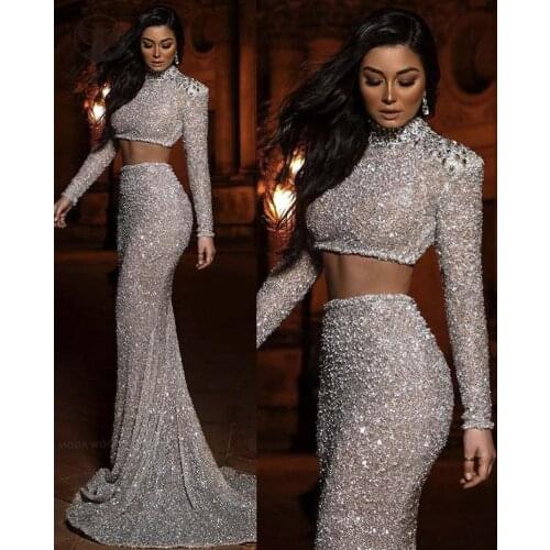 2020 Sexy Two Pieces Silver High Collar Beaded Crystals Long Sleeve Mermaid Evening Dresses