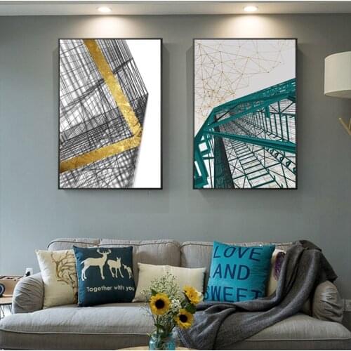 Abstract Style Geometric Building Structure Gold Green Black Line Wall Pictures Painting Living Room Home Canvas Posters Print