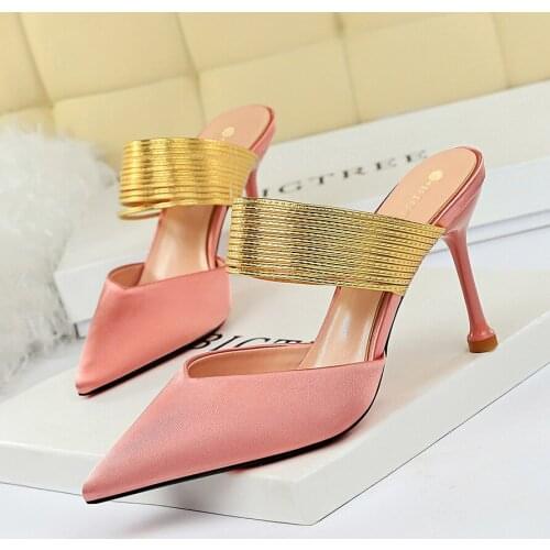 BIGTREE Women High Heels Stiletto Satin Sandals Lady Sexy Gold Strap Mules Pumps Slides Scarpins Heels Silk Prom Party Shoes