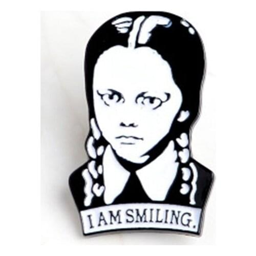 1 PCS Adams Family Brooch I Am Smiling Wednesday Figure Girl Pin Hard Lapel Pins Enamel Broche Jewelry Accessories Adams Brooch