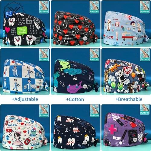 Cotton cartoon Toothbrush teeth print Scrubs hat Beauty Work hat Pet grooming beautician scrub Cap dome hat multicolor lab hats