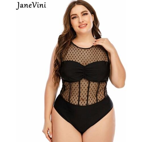 JaneVini Sexy Black Plus Size Women Swimwears One Piece Sheer Mesh Bikinis Swimming Suit Beachwear Swimsuits Brazilian Biquini