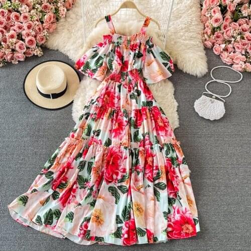 JSXDHK New 2021 Summer Fashion Runway Holiday Boho Dress Elegant Women Spaghetti Strap Flower Print Flare Sleeve Red Midi Dress