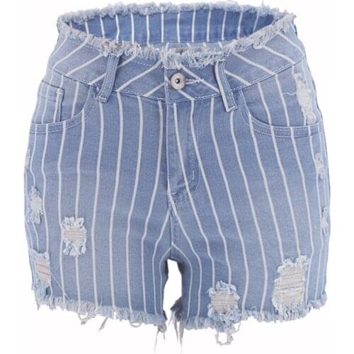 Classic Striped Hole High Waist Shorts Feminino Denim Jean Shorts Women Summer