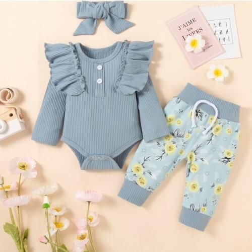 3Pcs Autumn Outfit Baby Girls Clothes Solid Color Ruffled Long Sleeve Romper + Floral Elastic Waist Pants + Headband 0-18 Months