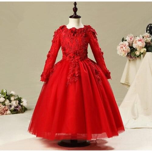 Red Tulle Birthday Baby Dress Long Sleeve Baby Girl Christening Gown Newborn Baptism 1 st Birthday Tutu Girl Party Dresses