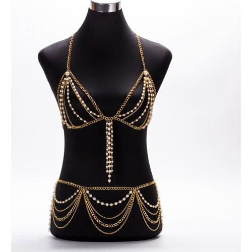 Fashion Sexy Pearl Charm Exaggerated Night Club Party Long Gold Prethoracic Body Chain Bib Statement Womens Necklace BY221