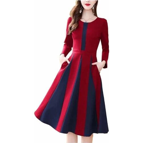 2020 Fashion Splicing Colour Long Sleeve Dresses Slim Women Spring Autumn Medium-Length O-Collar A-Line Big Swing Dresses KW379