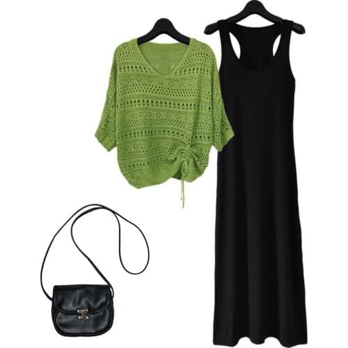 Fashion Plus Size Casual Dress Suit Female Summer Autumn New Loose Hollowed Out Strap Knitted Bat Shirt+Vest Dress 2 Piece Suit